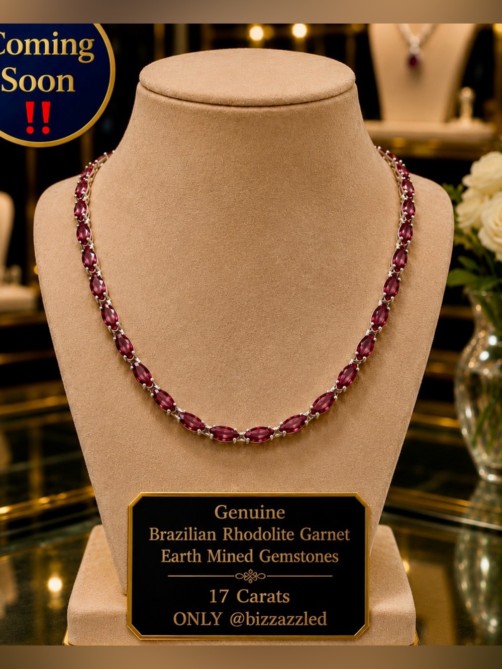 Garnet Tennis Necklace 17ct 14k white Gold on 925 18" Rhodolite